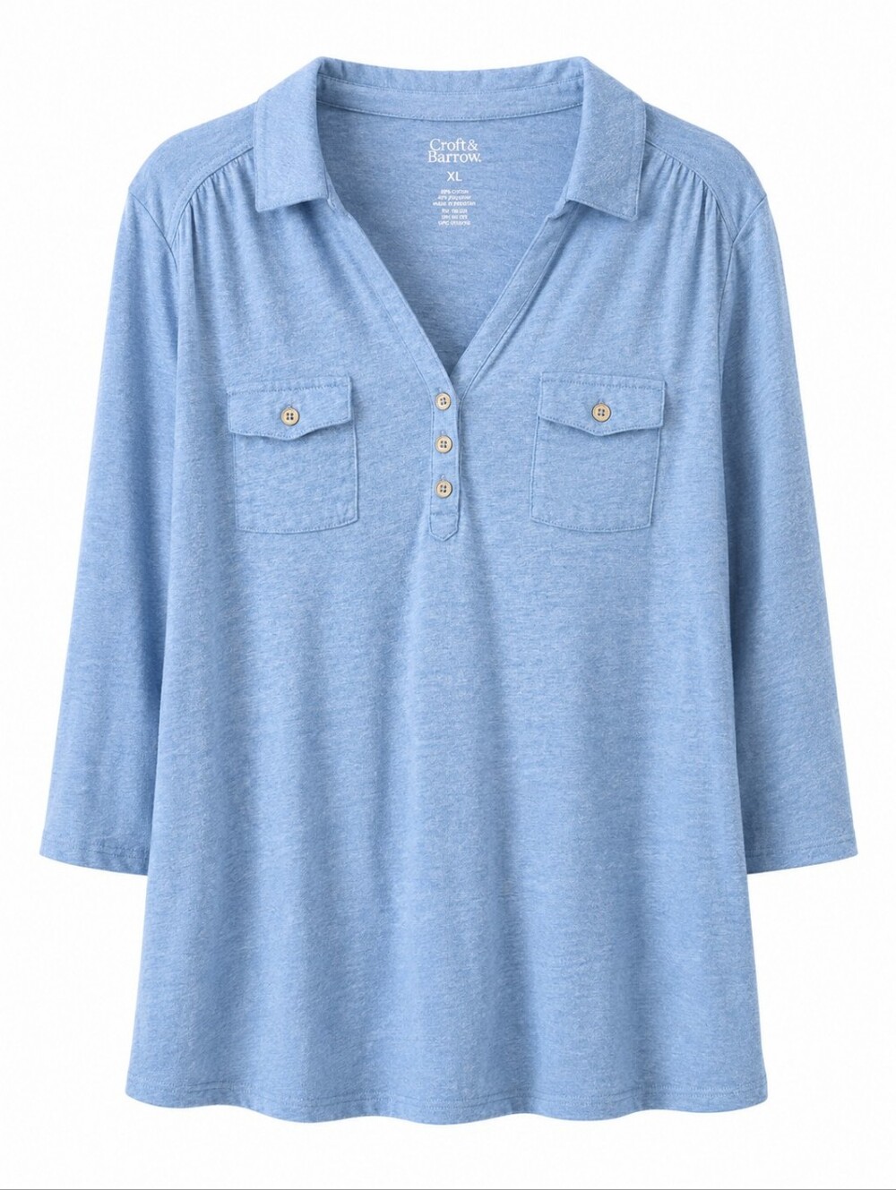 Croft & Barrow Heathered Blue Rouched 3/4 Sleeve Henley Shirt Size XL